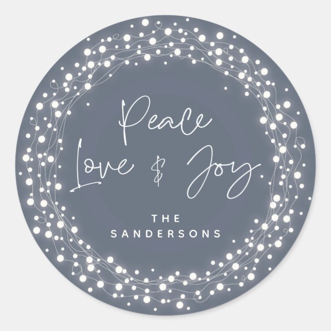 Sticker Rond Bleu Paix Amour+Joie Éclairage Noël (Devant)