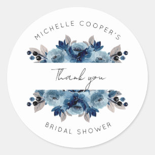 Sticker Rond Bleu Poussiéreux et Floral Merci Navy