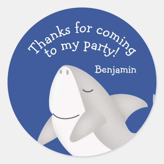 Sticker Rond Bleu requin Anniversaire Favoriser Merci (Devant)