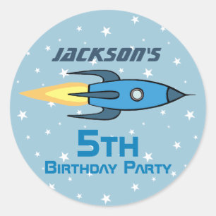Sticker Rond Bleu Retro Rocket Ship Personnalisé Birthday Boy