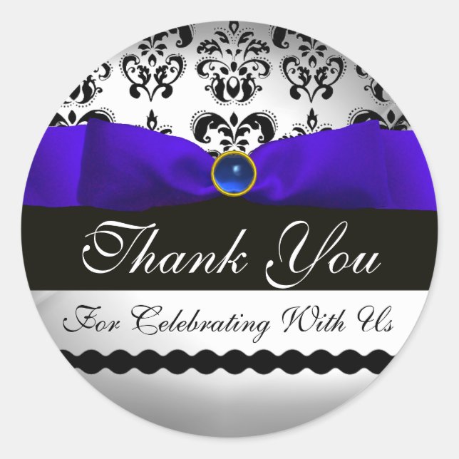 Sticker Rond BLEU RIBBON NOIR & BLANC DAMASK Sapphire (Devant)