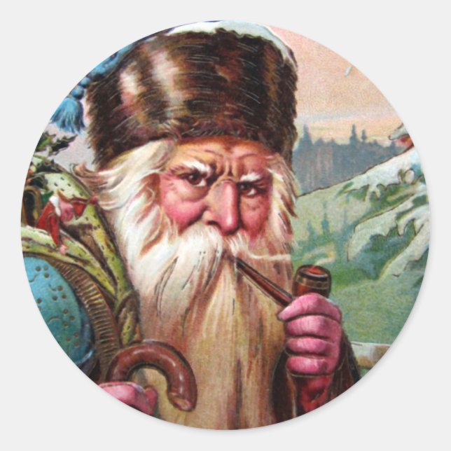 Sticker Rond Bleu Robe Santa Claus Fumer Pipe - Noël (Devant)