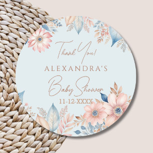 Sticker Rond Bleu rose Floral Boho Chic Baby shower Merci