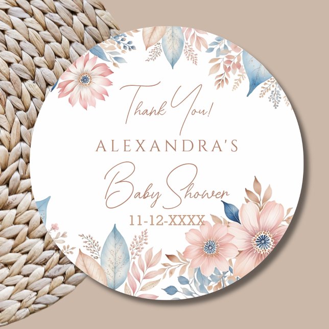Sticker Rond Bleu rose Floral Boho Chic Baby shower Merci (Créateur téléchargé)