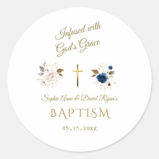 Sticker Rond Bleu rose Floral Or Calligraphie Jumeaux Baptême