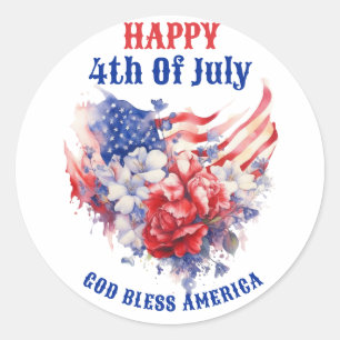 Sticker Rond Bleu Rouge Joyeux 4 juillet aquarelle