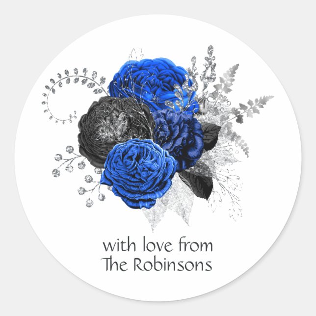 Sticker Rond Bleu Royal, Noir et Fleurs Florales Argentées (Devant)