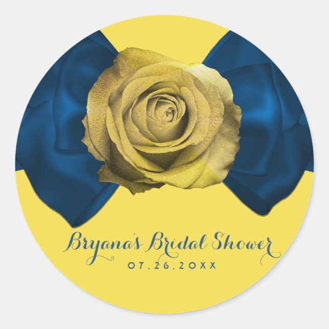 Sticker Rond Bleu Ruban Bow & Rose Jaune N'IMPORTE QUELLE COULE (Devant)