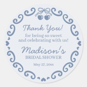 Sticker Rond Bleu Ruban Rétro Cœur Coquette Gâteau Baby Shower