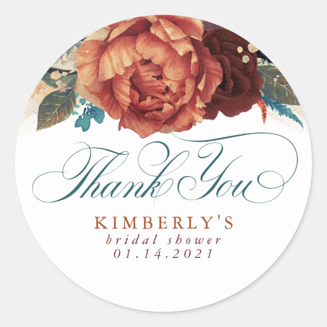 Sticker Rond Bleu sarcelle et fleurs de terre cuite Merci (Devant)