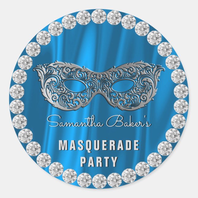 Sticker Rond Bleu Satin Diamants Masquerade Party Glam Annivers (Devant)