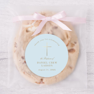 Sticker Rond Bleu Simple Elegant Croix Or Baptême Christening