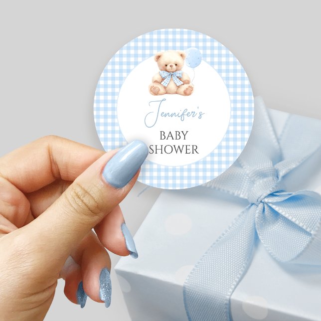 Sticker Rond Bleu Teddy Ours Bow Balloon Baby Garçon Douche (Créateur téléchargé)