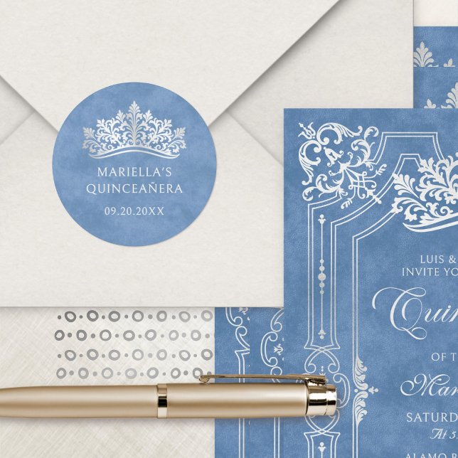 Sticker Rond Bleu Tiara Couronne élégante Quinceanera (Créateur téléchargé)