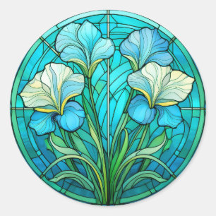 Sticker Rond Bleu Turquoise Floral Art Nouveau Vitrail