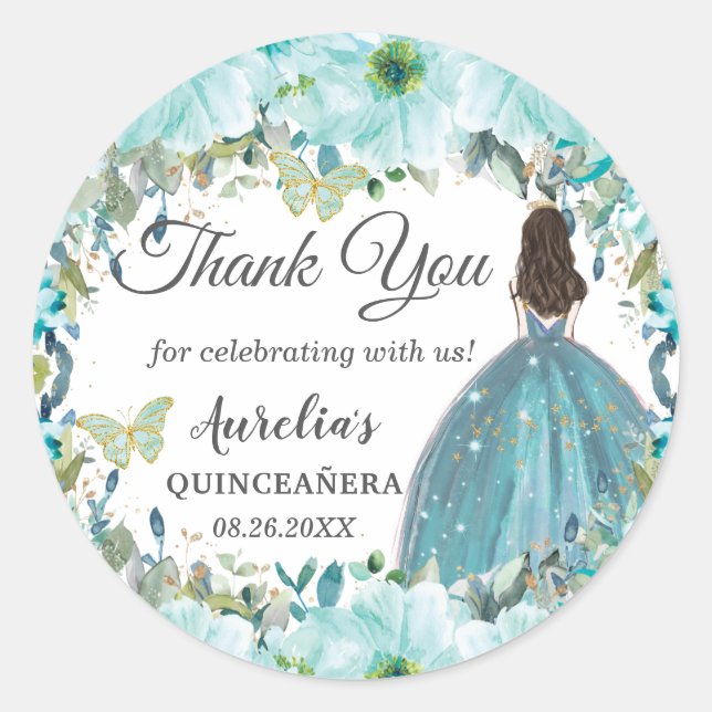 Sticker Rond Bleu Turquoise Papillons Floraux Princesse Favoris (Devant)