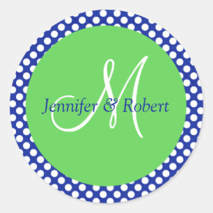 Sticker Rond Bleu Vert Polka Blanc Point Monogramme Enveloppe P