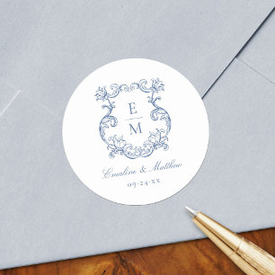 Sticker Rond Bleu Vintage Baroque Monogram Crest Mariage
