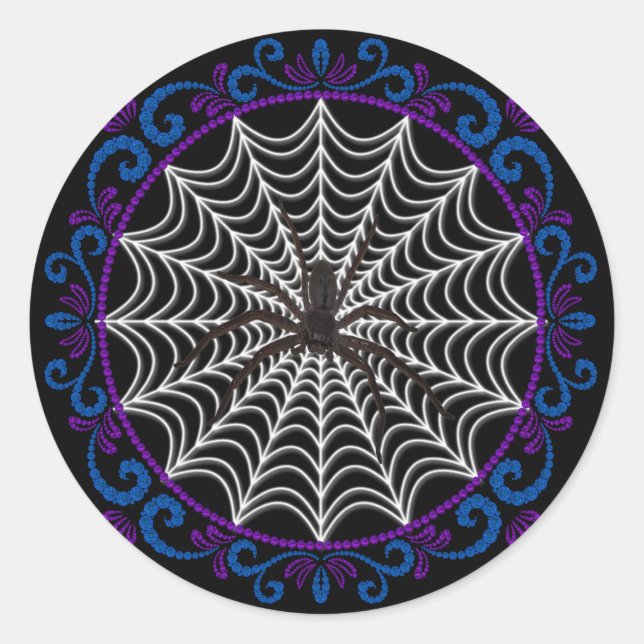 Sticker Rond Bleu violet araignée blanche Web et araignée noire (Devant)