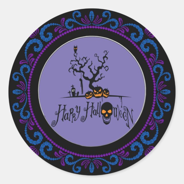 Sticker Rond Bleu violet Joyeux Halloween Grave Yard (Devant)