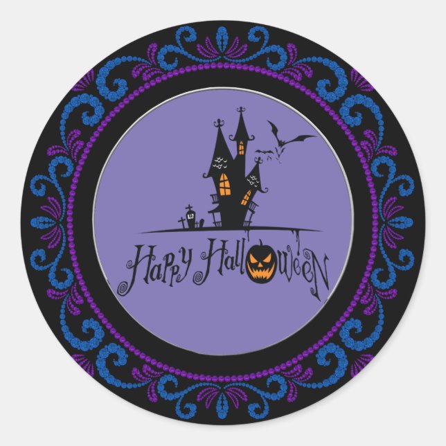 Sticker Rond Bleu violet Joyeux Halloween Maison hantée (Devant)