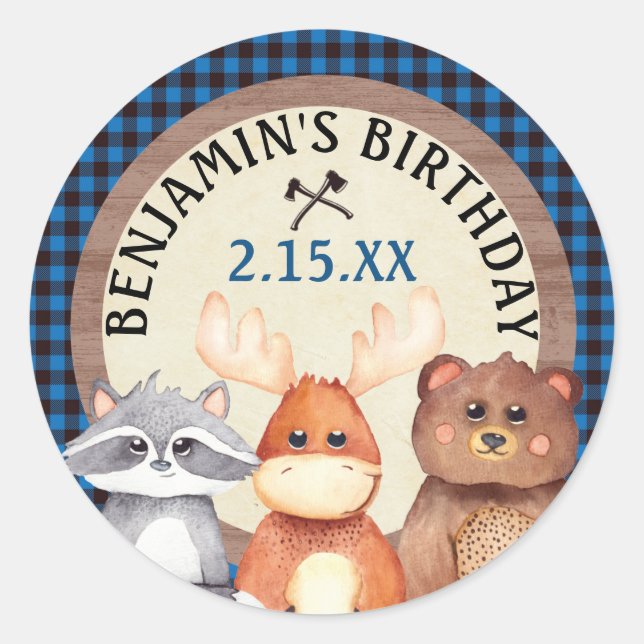Sticker Rond Bleu Woodland Lumberjack Anniversaire Favoriser St (Devant)