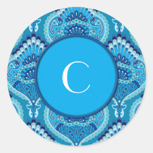 Sticker Rond Bleuâtre - Paisley à plumes
