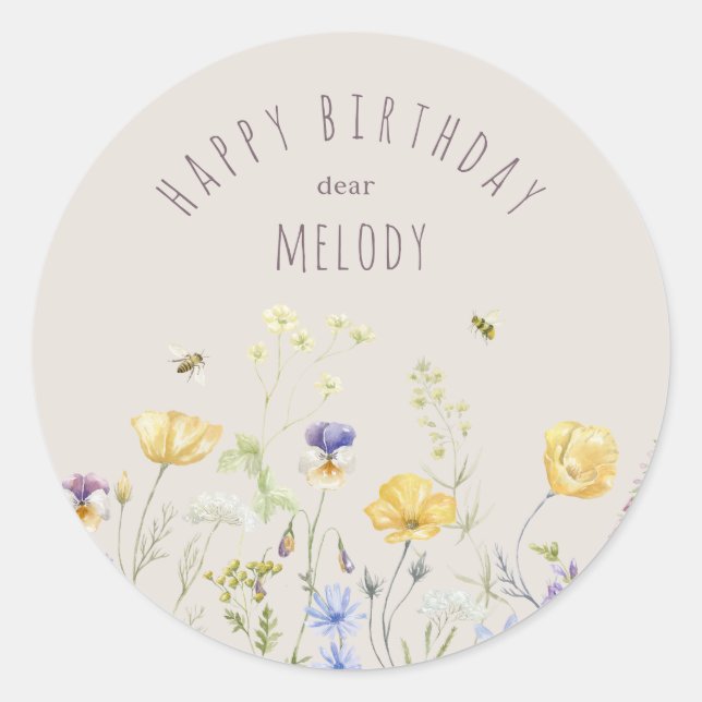Sticker Rond Bliss d'été, fleur sauvage, aquarelle Anniversaire (Devant)