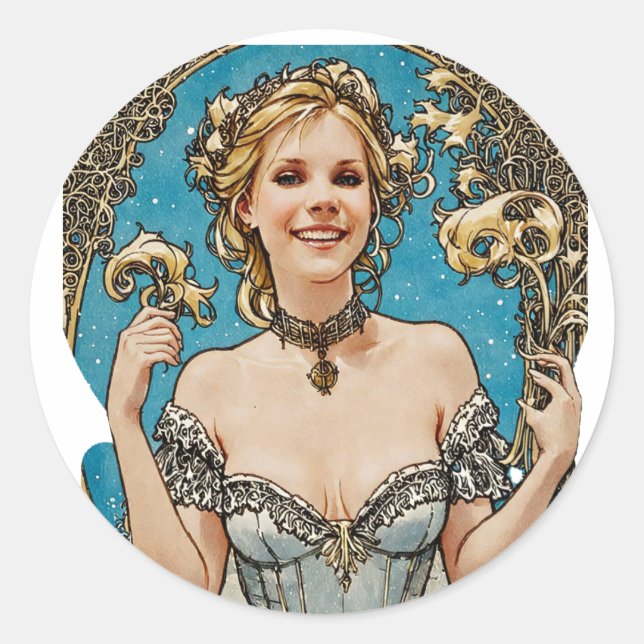 Sticker Rond Blonde à courte distance V1 Mucha Style Art (Devant)