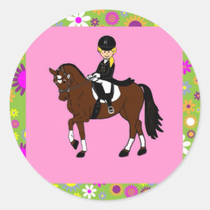 Sticker Rond Blonde fille dressage cheval cavalier caricature