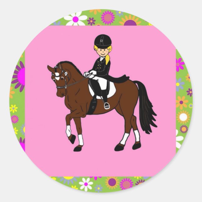 Sticker Rond Blonde fille dressage cheval cavalier caricature (Devant)