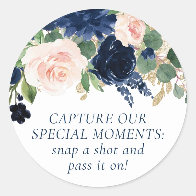 Sticker Rond Blooms Chics | Caméra bleu marine et rose pâle (Devant)