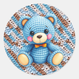 Sticker Rond Blue and Brown Crocheted Teddy Bear