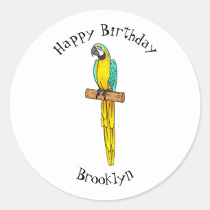 Sticker Rond Blue-and-yellow macaw bird cartoon illustration
