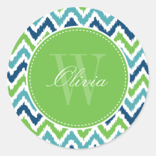 Sticker Rond Blue Aqua Green Zigzag Ikat Motif Monogramme