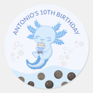 Sticker Rond Blue Axolotl Bubble Milk Boba Tea Anniversaire