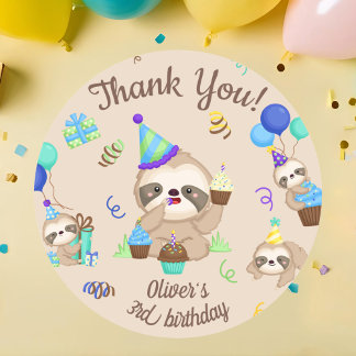 Sticker Rond Blue Balloon Sloth Birthday Party Celebration
