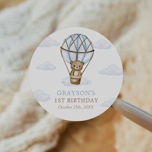 Sticker Rond Blue Bear Hot Air Balloon Boys 1er anniversaire