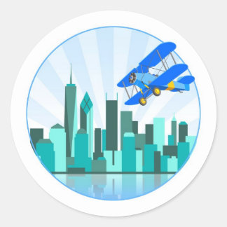 Sticker Rond Blue Biplane sur New York Retro Design