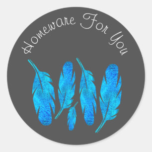 Sticker Rond Blue boho feathers blue and gray