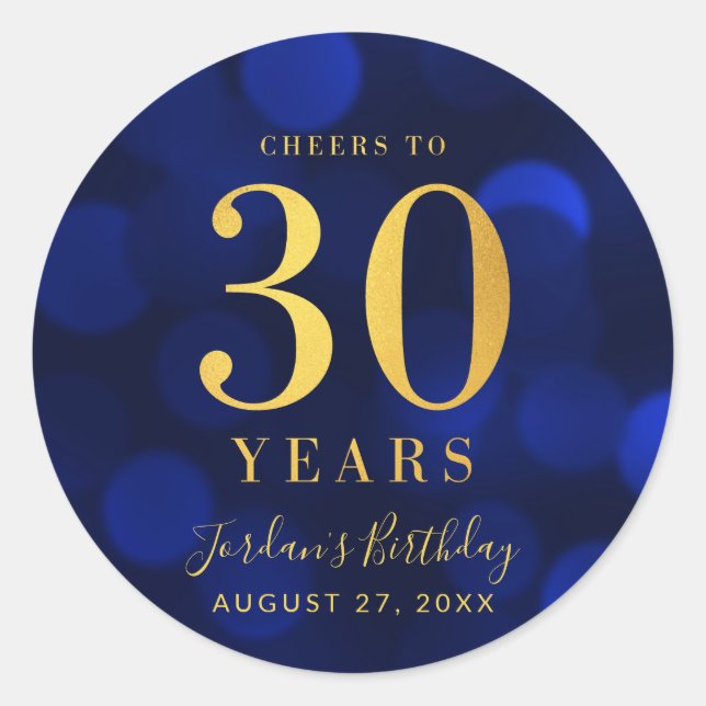 Sticker Rond Blue Bokeh Gold salue à 30 ans anniversaire (Devant)