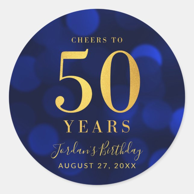 Sticker Rond Blue Bokeh Gold salue à 50 ans anniversaire (Devant)