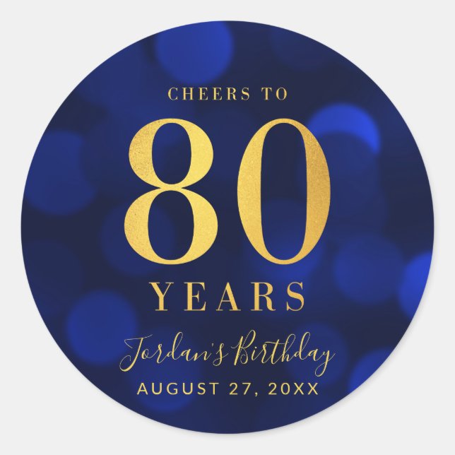 Sticker Rond Blue Bokeh Gold salue à 80 ans anniversaire (Devant)