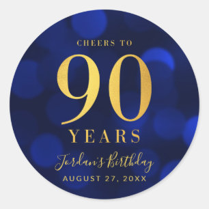 Sticker Rond Blue Bokeh Gold salue à 90 ans anniversaire