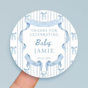 Sticker Rond Blue Bow Coquette Blue Boy baby shower Merci