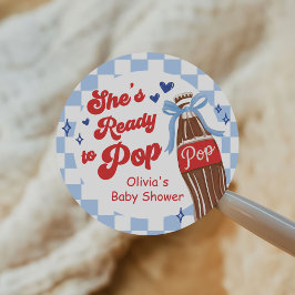 Sticker Rond Blue Bow She's Ready to Pop Baby Shower