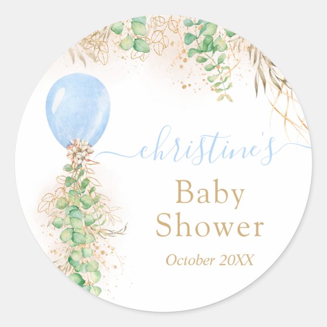 Sticker Rond Blue Boy Balloon Aquarelle Baby shower Floral (Devant)
