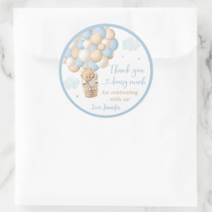 Sticker Rond Blue Boy Teddy Bear Hot Air Baby shower