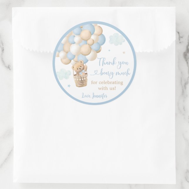 Sticker Rond Blue Boy Teddy Bear Hot Air Baby shower (Sac)