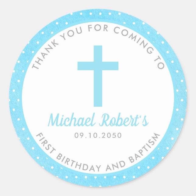 Sticker Rond Blue Boys Baptême Christening Favoriser Merci (Devant)